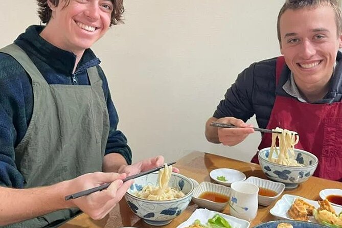 Learn to Make Home Style Tempura Udon and Gyoza - Barley tea and the real payoff: sitting down to eat what you made
