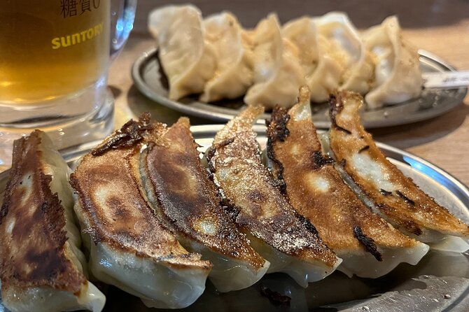 Tokyo Local Food Tour: Noodles, Skewers, Dumplings, Sweets - Stop 1 (Shimbashi): gyoza-style dumplings and drinks